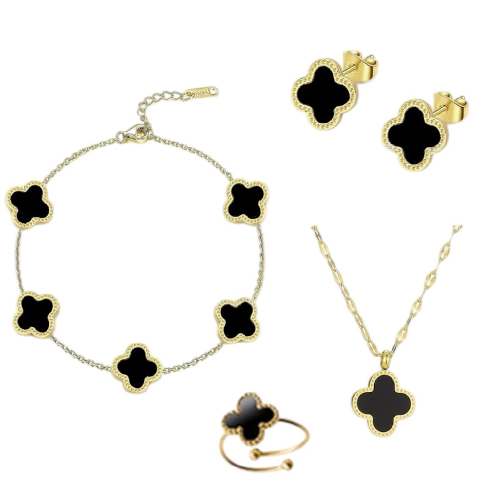 Elegant Black Onyx and Gold Four Leaf  Lucky Clover Motifs Jewelry Set